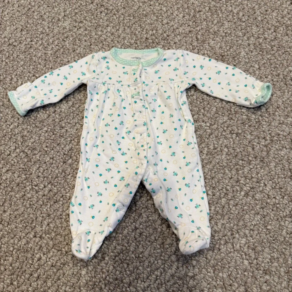 Carters Size Newborn Baby Girl Footed Sleep & Play Pajamas Floral‎ Print Green